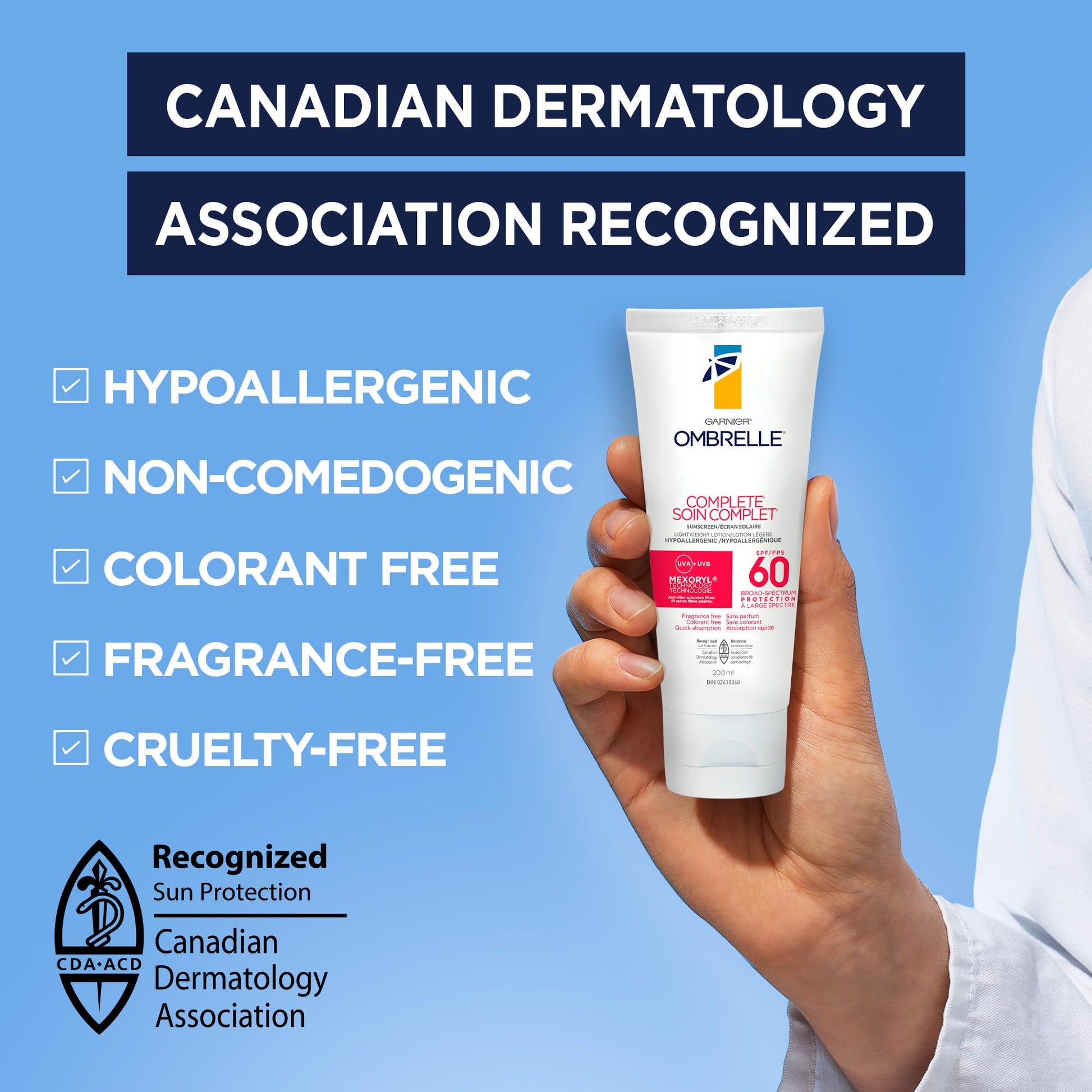 Garnier Ombrelle Complete Sunscreen Lotion, SPF 60, For Body and Face, Very High Broad Spectrum Advanced UVA/UVB Protection, Non-Greasy, Water Resistant, Hypoallergenic, Non-Comedogenic, 200ml - Available at All In One Marketplace Canada