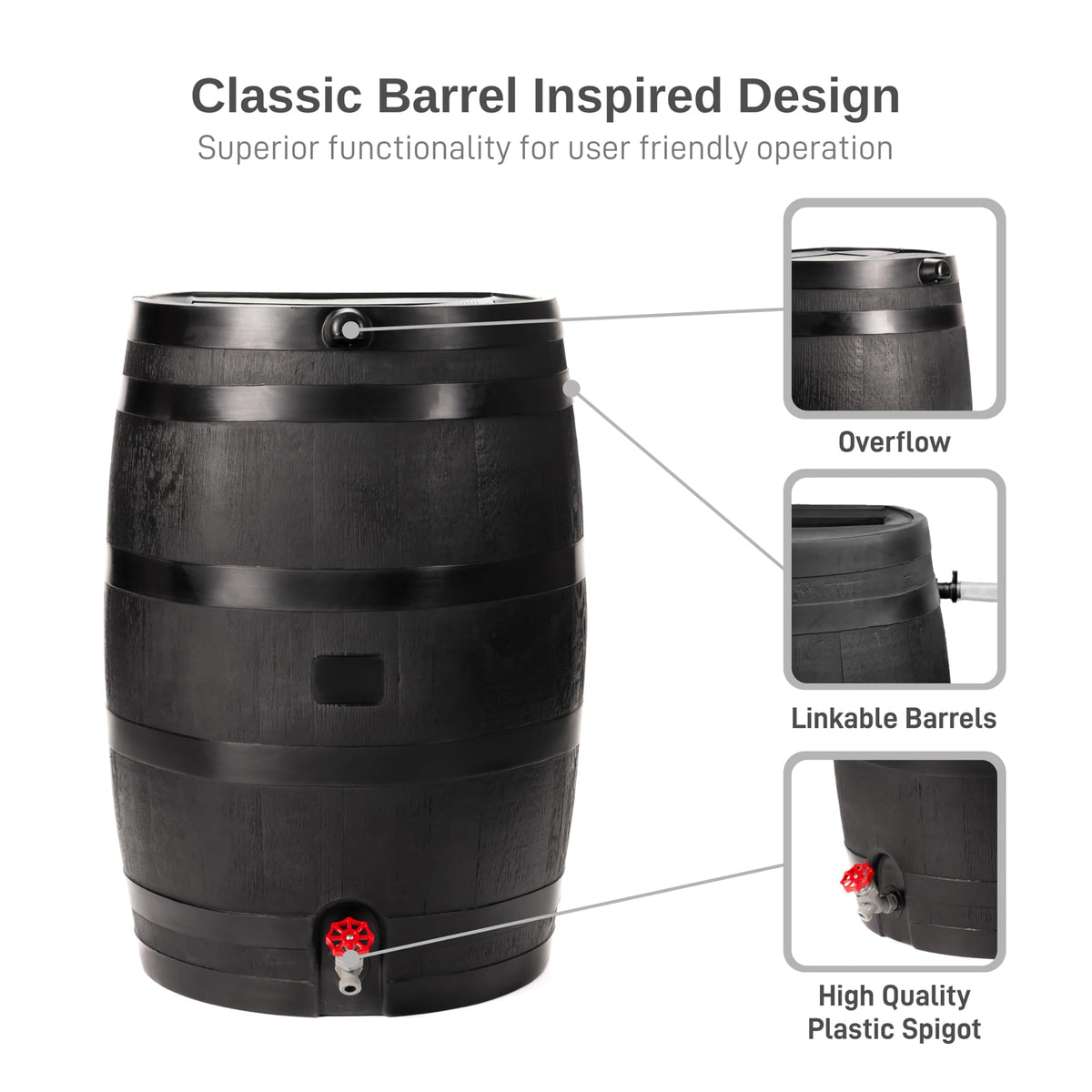 Récupérateur d'eau de pluie RTS Home Accents de 50 gallons (190 L) ECO fabriqué à partir de plastique 100 % recyclé, baril de collecte à dos plat, noir