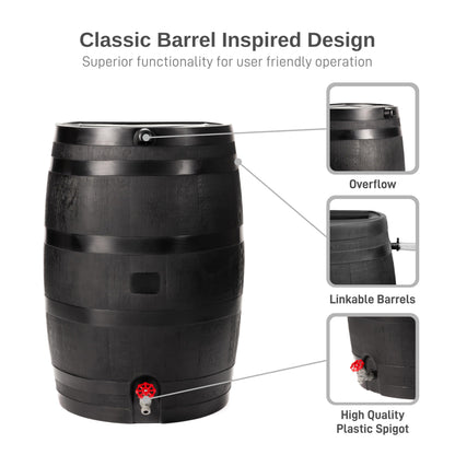 Récupérateur d'eau de pluie RTS Home Accents de 50 gallons (190 L) ECO fabriqué à partir de plastique 100 % recyclé, baril de collecte à dos plat, noir