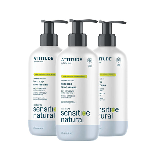 Savon pour les mains ATTITUDE pour peaux sensibles enrichi à l'avoine, certifié EWG, testé dermatologiquement, végétalien, extra doux, sans parfum, 473 mL (paquet de 3)