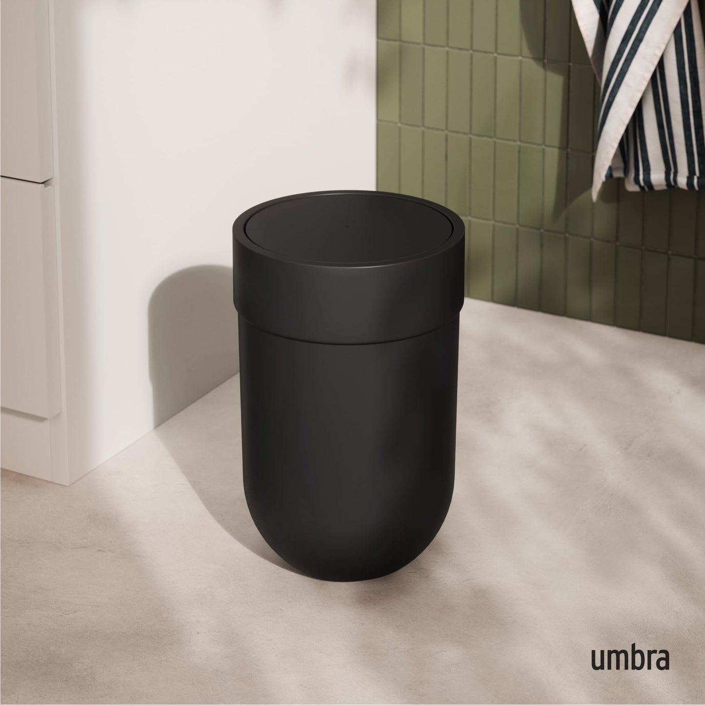 Umbra Touch Trash Can, Small 1.6-Gallon Garbage Bin with Swing Lid, Waste Basket for Bathroom or Office, Black Umbra