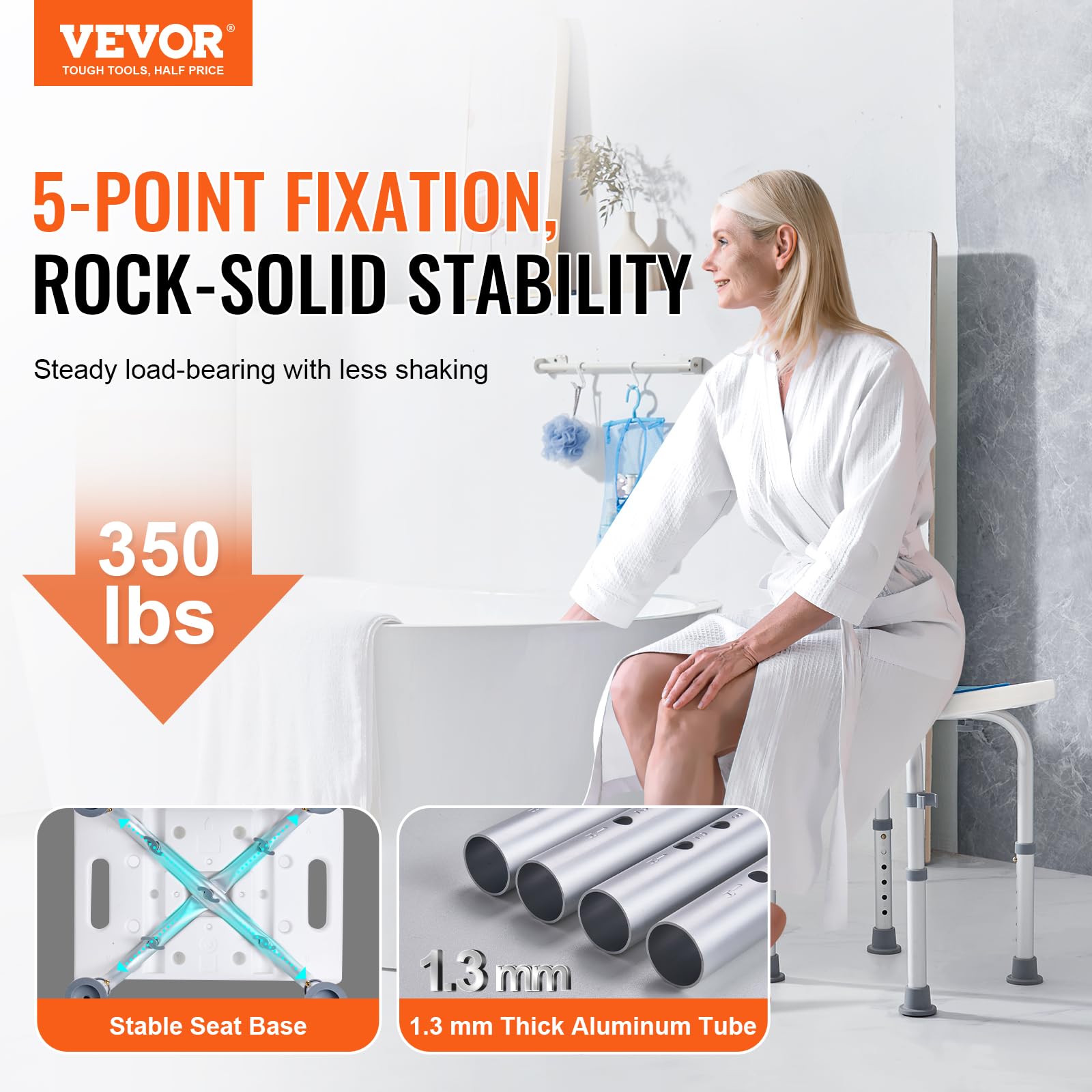 VEVOR Shower Chair, Adjustable Height Shower Stool, Shower Seat for Inside Shower or Tub, Non-Slip Bench Bathtub Stool Seat for Elderly Disabled Handicap, 350 LBS Capacity VEVOR
