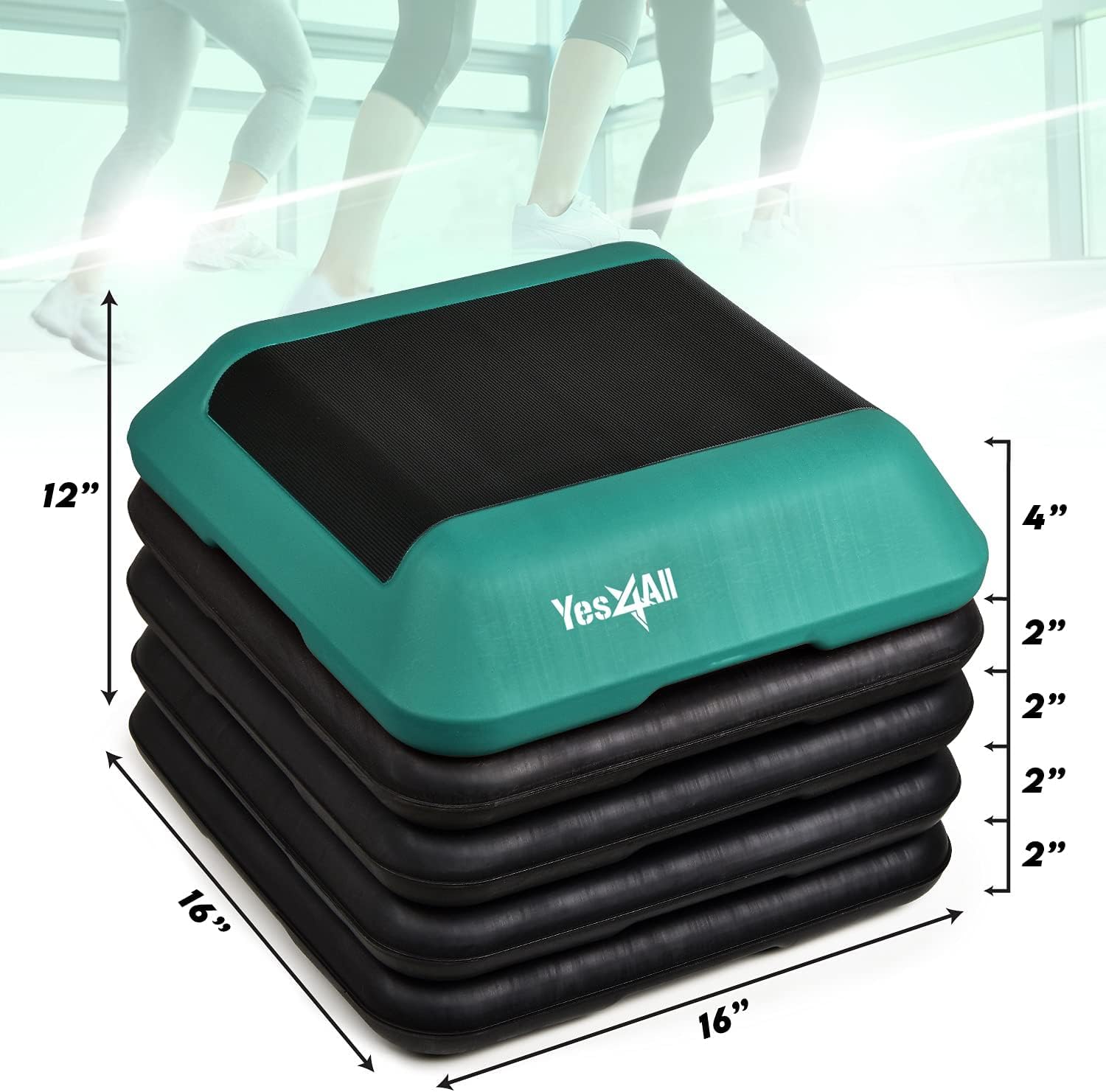Yes4All High Arobic Step Platform & Stackable Risers - Adjustable 4"/6"/8"/10"/12" Height - Choose Full Step Platform Set or 2-Pack Stackable Risers, Customize for Cardio & Aerobic Exercise - 4 Risers, Black/Green YES4ALL