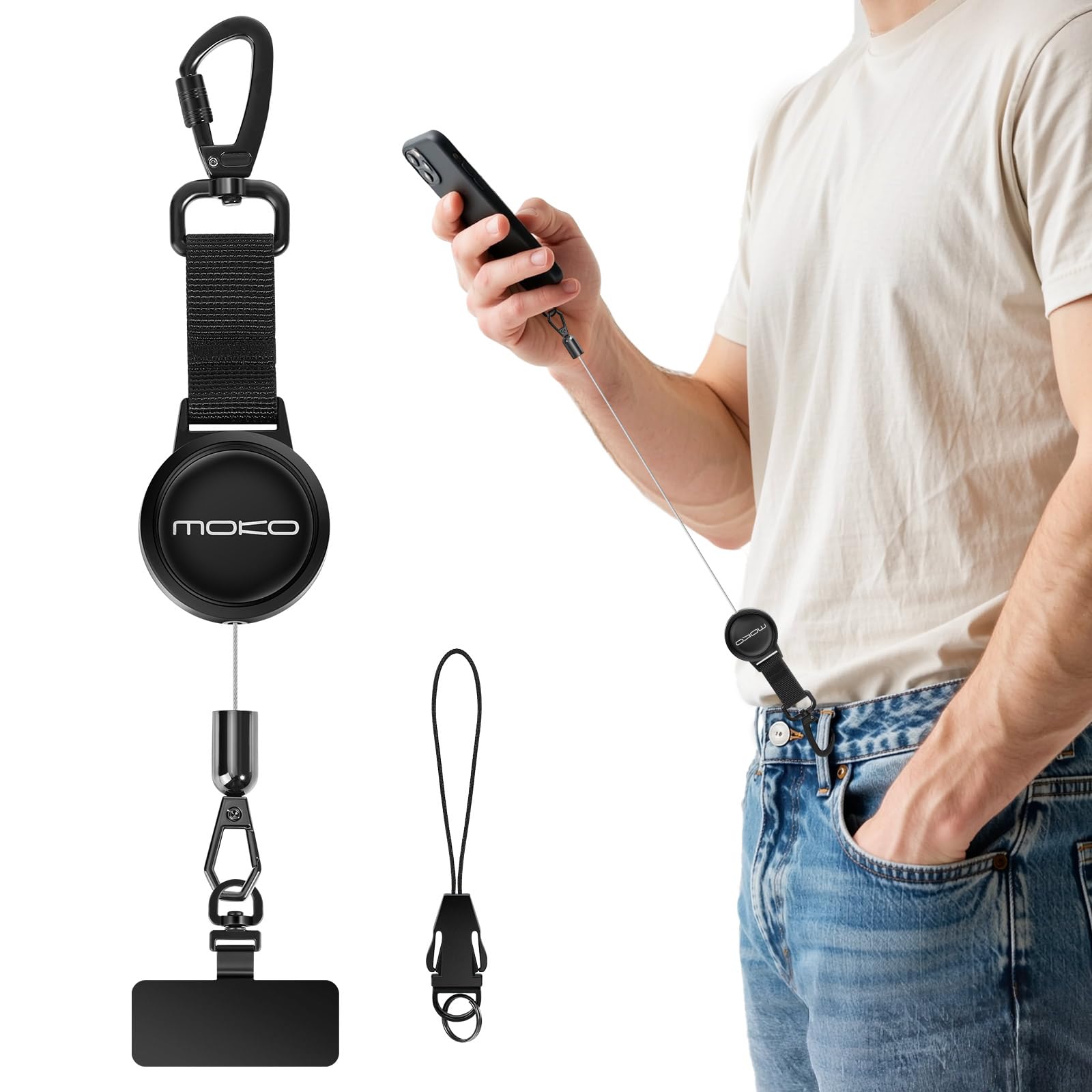 MoKo Anti-theft Phone Tether, Phone Lanyard Retractable Steel Line Cellphone Strap with Locking Carabiner and Metal 360° Tether Tab for Outdoor Skiing Hiking Climbing Fishing, Black - Available at All In One Marketplace Canada