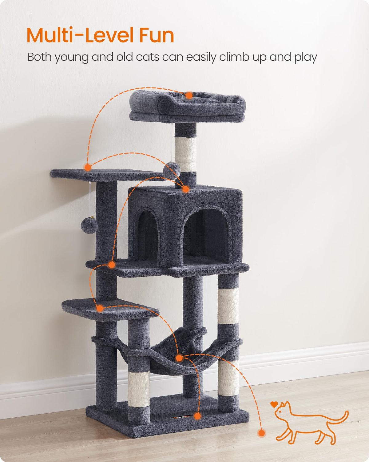 Feandrea Cat Tree Tower, 112 cm, 2 Perches, Hammock, Smoky Gray