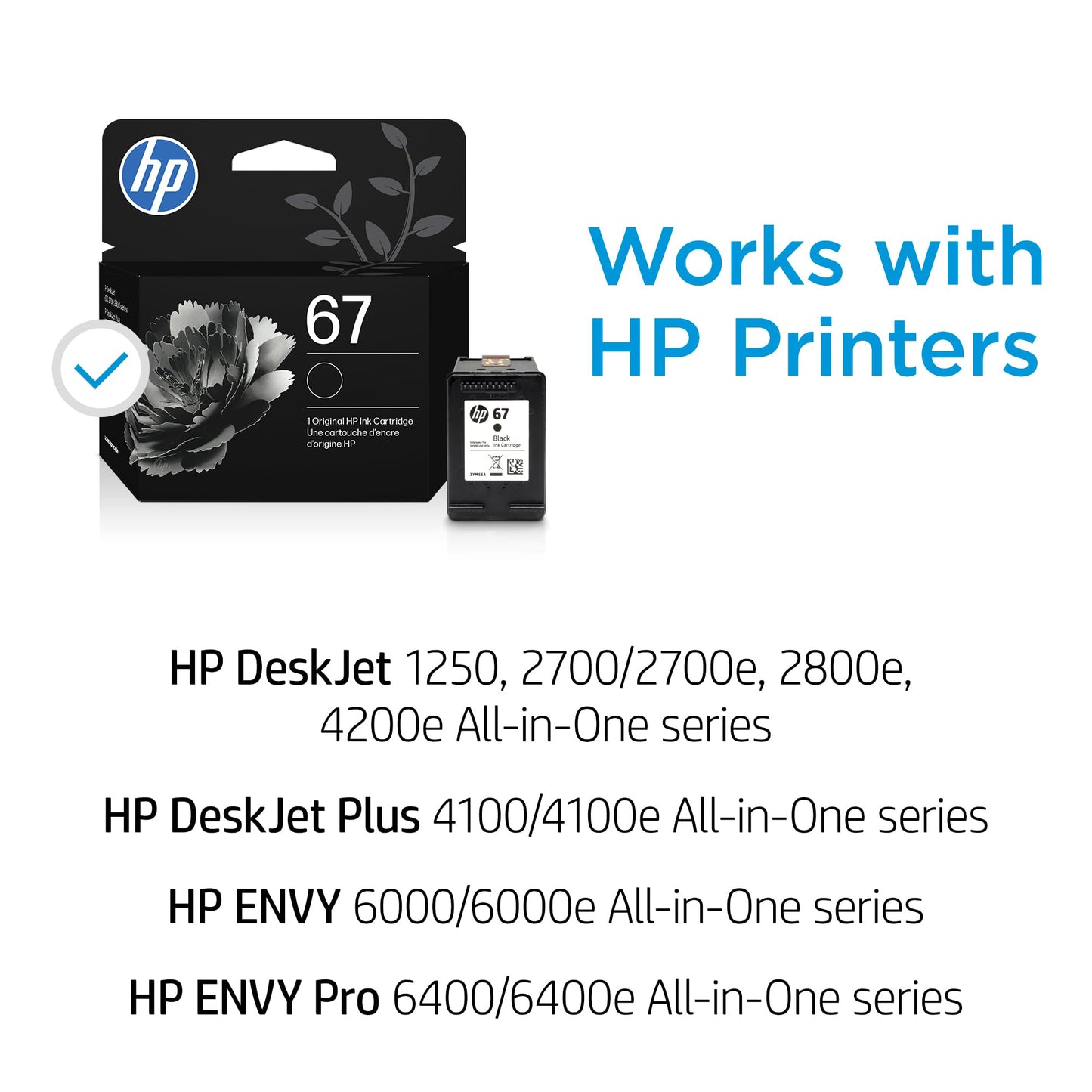 Original HP 67 Black Ink Cartridge | Works with HP DeskJet 1255, 2700, 4100 Series, HP Envy 6000, 6400 Series | Eligible for Instant Ink | 3YM56AN