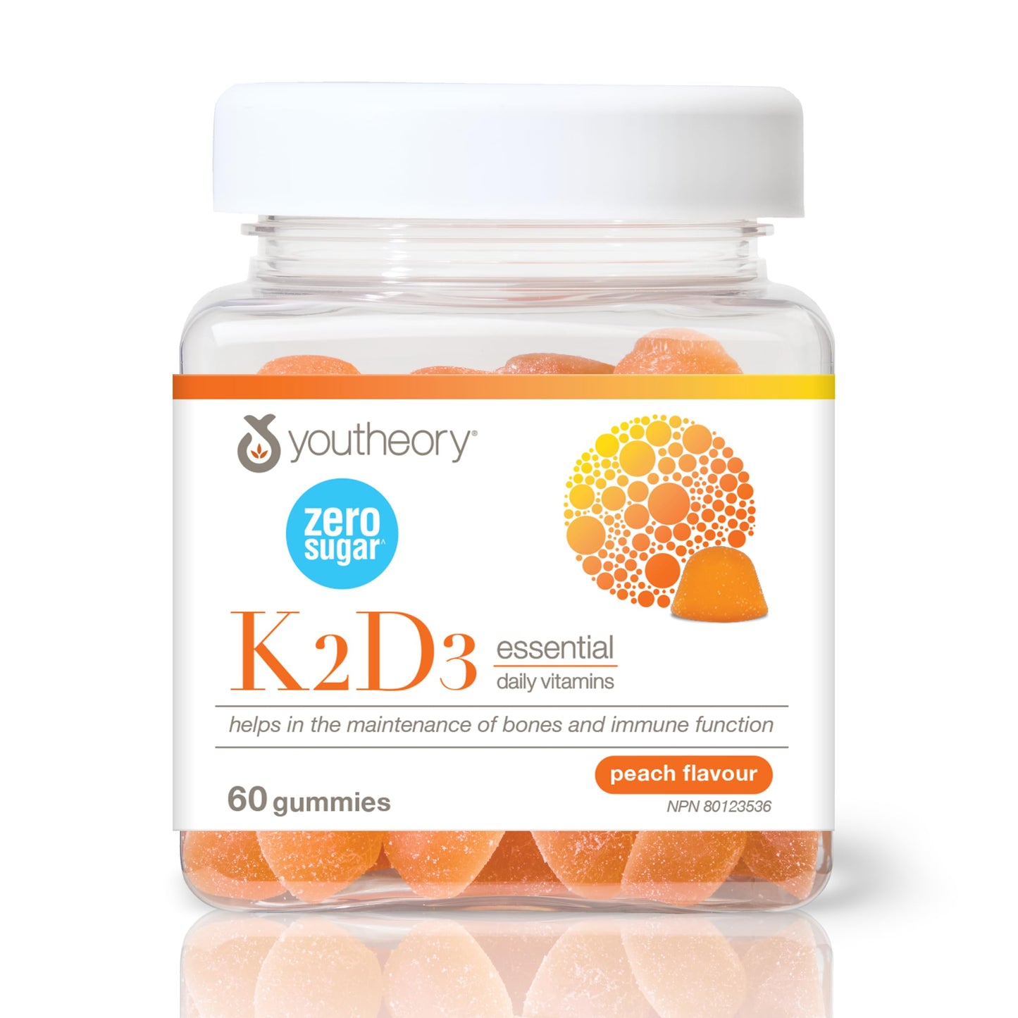 Youtheory K2D3 Zero Sugar Gummies, 1000 IU D3 & MK-7 100 mcg K2, Helps Develop & Maintain Bones & Teeth, Peach Flavour, Vegetarian, 60 Gummies Youtheory