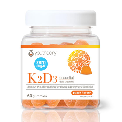 Youtheory K2D3 Zero Sugar Gummies, 1000 IU D3 & MK-7 100 mcg K2, Helps Develop & Maintain Bones & Teeth, Peach Flavour, Vegetarian, 60 Gummies Youtheory
