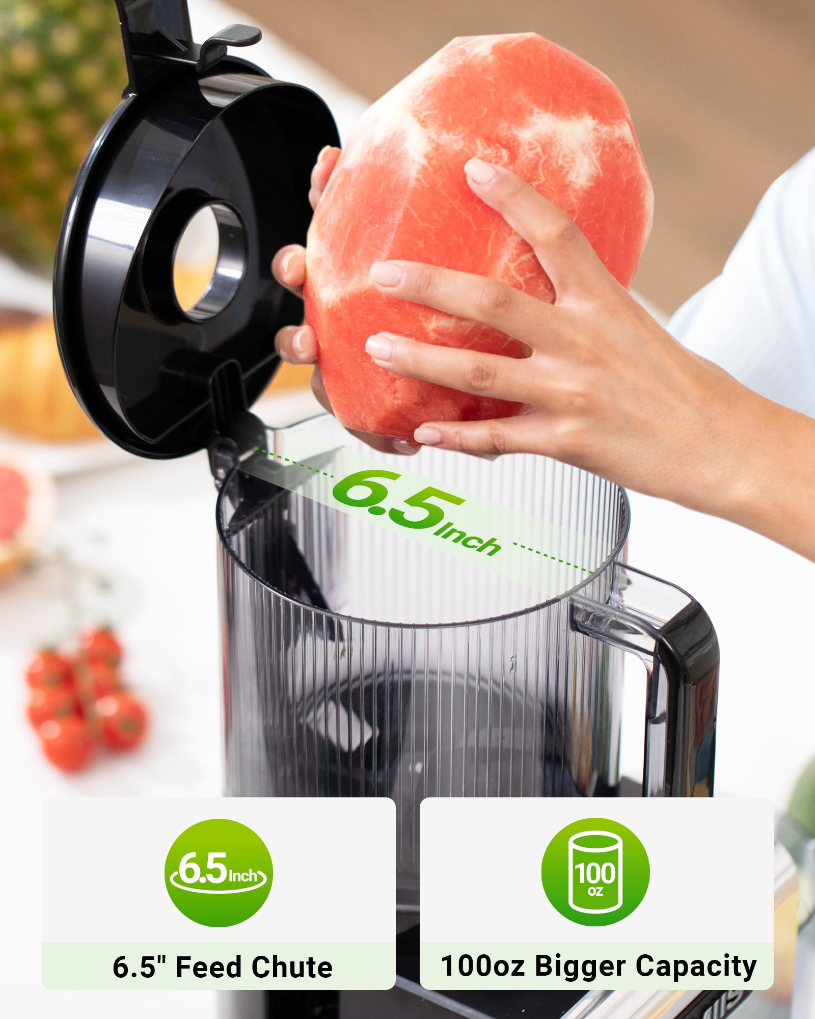 Juicer Machine, 6.5" Large Feed Chute Cold Press Juicer with 350W, Slow Masticating Juicer for Whole Vegetables & Fruits, High Juice Yield, Easy to Clean, Black - Available at All In One Marketplace Canada