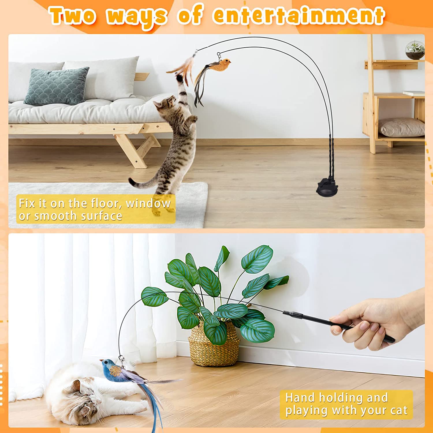 Cat Feather Toys, Cat Toys Wand, Interactive Cat Toy with Super Suction Cup, 2 PCS Cat Wand Toy and 6 PCS Feather Replacements with Bell, Interactive Cat Toy Kitten Toys for Indoor Play Chase Exercise (Natural)