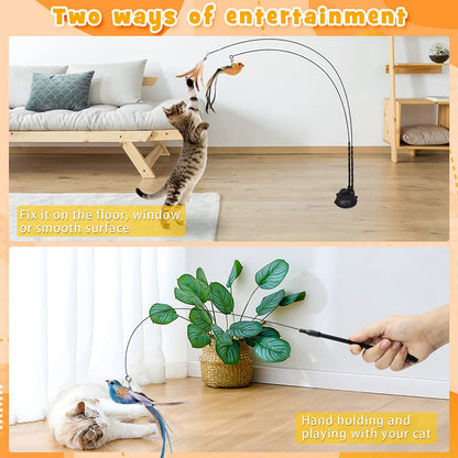 Cat Feather Toys, Cat Toys Wand, Interactive Cat Toy with Super Suction Cup, 2 PCS Cat Wand Toy and 6 PCS Feather Replacements with Bell, Interactive Cat Toy Kitten Toys for Indoor Play Chase Exercise (Natural)