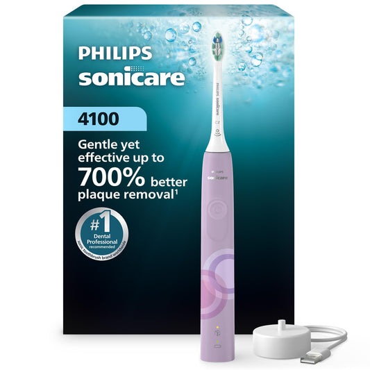 Philips Sonicare 4100 Electric Toothbrush, Sonic Toothbrush with Two Intensity Levels, Pressure Sensor and Timer, Lush Lilac Prismatic, Model HX3689/24