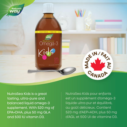 Nature's Way NutraSea Kids Omega 3 Fish Oil Liquid Supplement for Kids Ages 1 to 14 – Bubblegum Flavour – Brain & Eye Development – EPA & DHA, 500 mL Value Size - Available at All In One Marketplace Canada