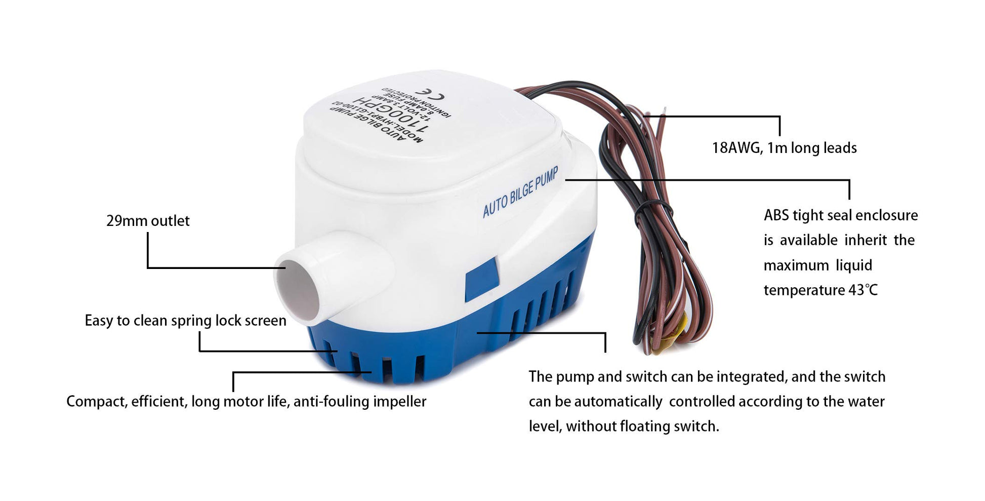 Dontmiss 1100GPH Automatic Submersible Bilge Pump,12V Boat Bilge Pump with Float Switch, High-Flow 3-Blade Impeller, Snap-Off Strainer, 1 1/8'' Outlet - Compact All-in-One for Boats, RV, Ponds & Pools