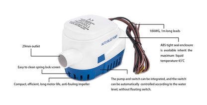 Dontmiss 1100GPH Automatic Submersible Bilge Pump,12V Boat Bilge Pump with Float Switch, High-Flow 3-Blade Impeller, Snap-Off Strainer, 1 1/8'' Outlet - Compact All-in-One for Boats, RV, Ponds & Pools