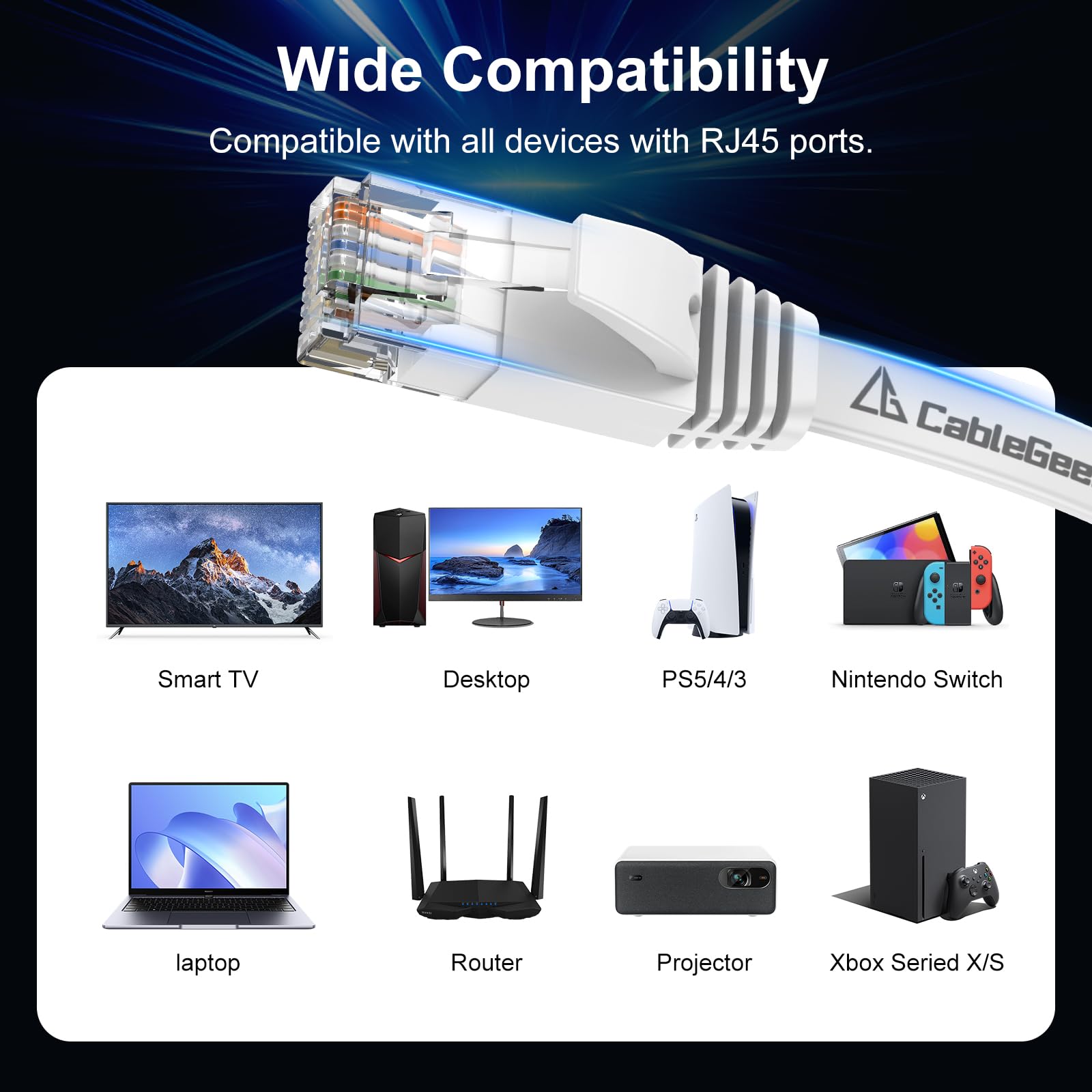 Cat 6 Ethernet Cable 100ft - High Speed 10Gbps, Indoor&Outdoor, Slim Flat Design, Supports Cat7 Network - for Router, Modem, PS4/5, Xbox - White, Weatherproof, Includes 35 Clips & 4 Straps - Available at All In One Marketplace Canada