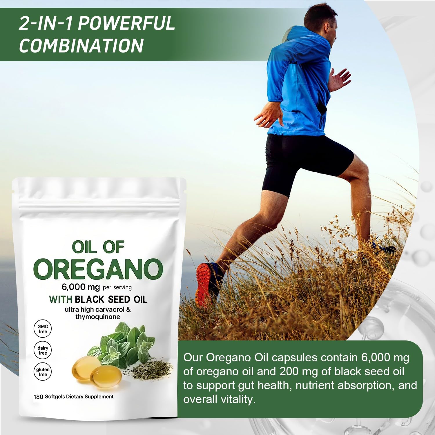 Oil of Oregano Softgels 6000mg Per Serving, 2 in 1 Formulated with Black Seed Oil 200mg, 4X Strength Carvacrol & Thymoquinone | Plant Based, Non-GMO & Immune Support (180 Count/1 Bag) - Available at All In One Marketplace Canada