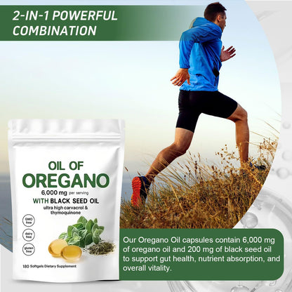 Oil of Oregano Softgels 6000mg Per Serving, 2 in 1 Formulated with Black Seed Oil 200mg, 4X Strength Carvacrol & Thymoquinone | Plant Based, Non-GMO & Immune Support (180 Count/1 Bag) - Available at All In One Marketplace Canada
