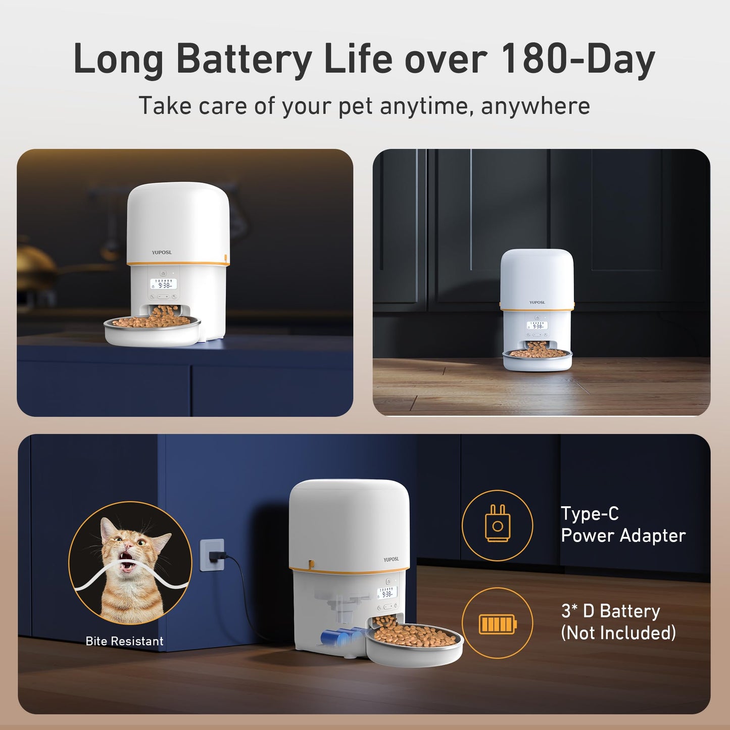 Yuposl Automatic Cat Feeder, 3L Cat Food Dispenser with Over 180-day Battery Life, Anti-Jam Design, 1-6 Meals Per Day with Stainless Steel Cat Bowl, Keep Cat Dry Food Fresh, Also for Small Dog