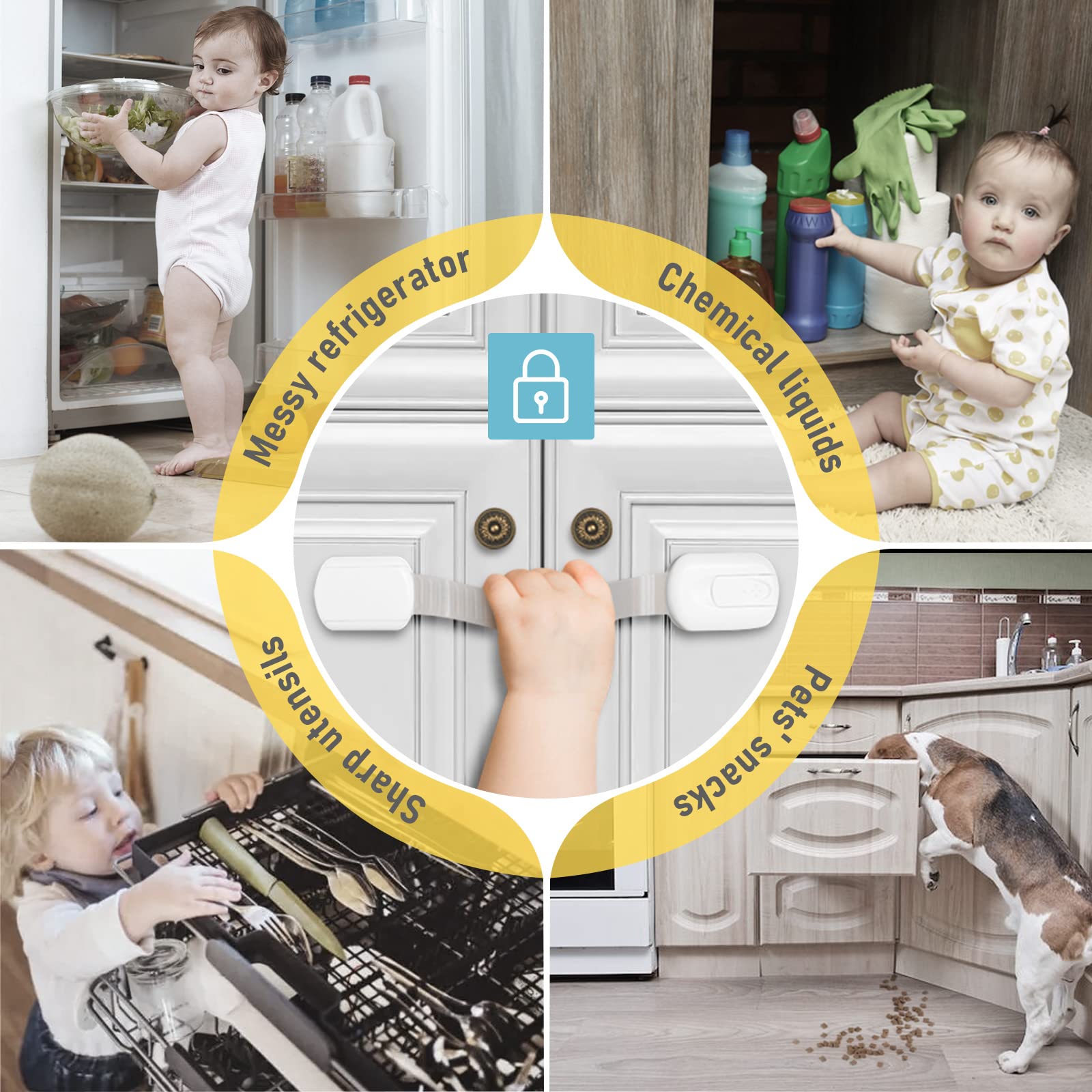 4our Kiddies 14 Pack Baby Proof Cabinet Latches, Childproof Drawer Latches with 12 Extra 3M Adhesives, Adjustable No Drilling Child Safety Cabinet Strap Locks, Baby Drawer Locks for Kids Baby Safety