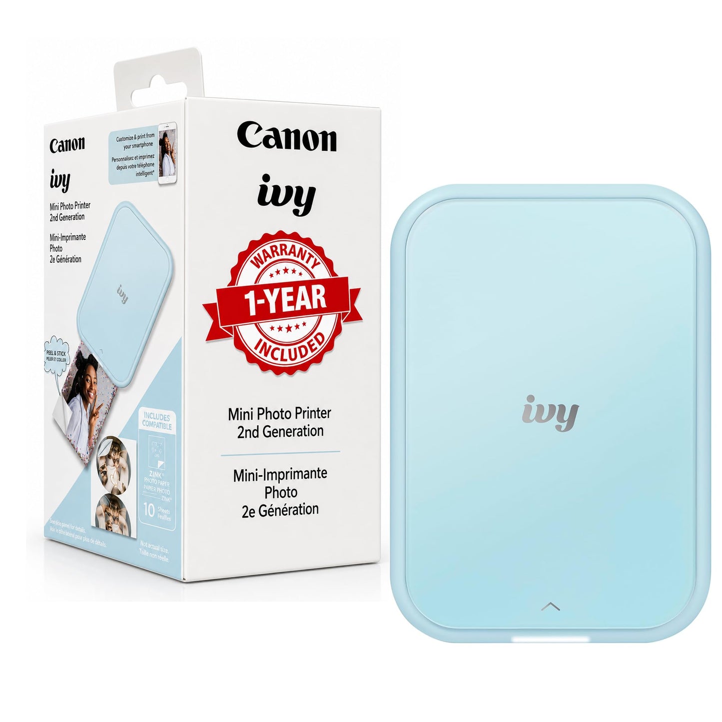 Canon Ivy 2 Mini Photo Printer (Mini Blue), Bluetooth Portable Smartphone Printer for iOS & Android, Bundle with 10 Zink Sticky-Back Photo Prints, LED Light Bar, Protective Case & USB Cable 🍁 All In One Marketplace Canada