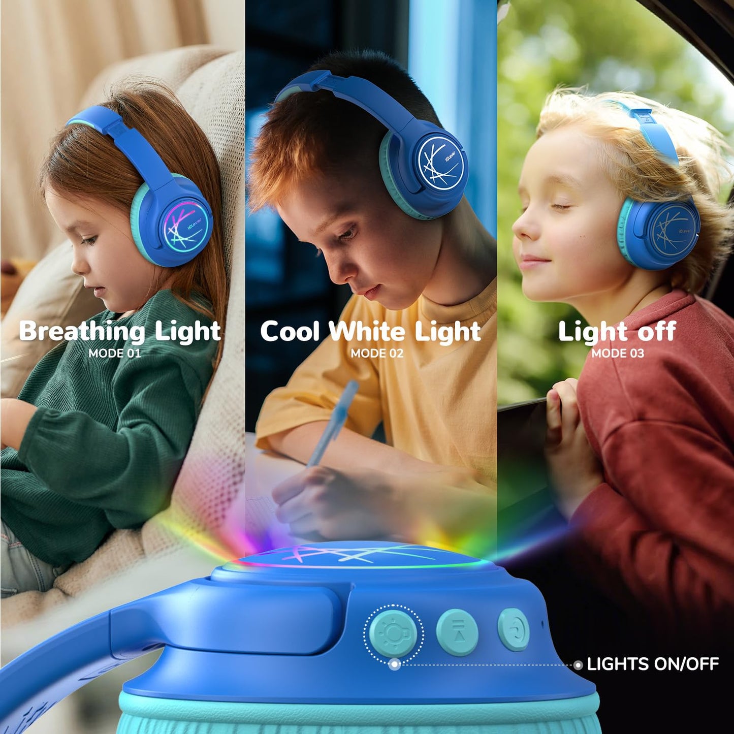 Kids Headphones Wireless with LED Lights, iClever BTH18 Safe Volume 74/85dBA, 43H Playtime, Stereo Sound, USB-C, AUX Cable, Bluetooth5.3 Over Ear Kids Toddler Headphones for Tablet/Travel, Blue