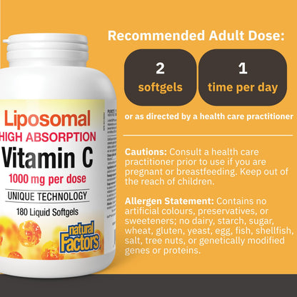 Natural Factors Liposomal Vitamin C, HIGH ABSORPTION, 180 Liquid Softgels, 1000 mg per Serving (2 Softgels), Immune Support, Antioxidants, Proudly Canadian - Available at All In One Marketplace Canada