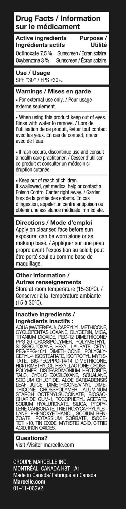 Marcelle Sheer Tint Moisturizer SPF 30, Café Au Lait, with Hyaluronic Acid and Aloe, Hypoallergenic, Non-Comedogenic, Fragrance-Free, Paraben-Free, Oil-Free, 40 mL