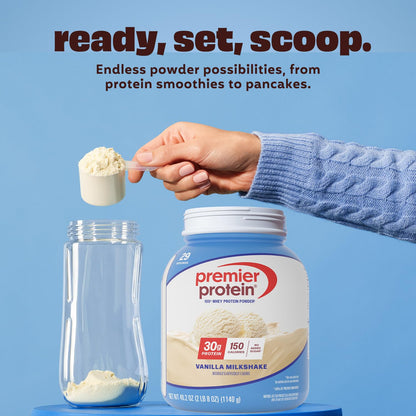 Premier Protein Protein Powder, 30g Protein, 1g Sugar, 100% Whey Protein, No Soy Ingredients, Gluten Free, Vanilla Milkshake, 29 Servings, 40.2oz