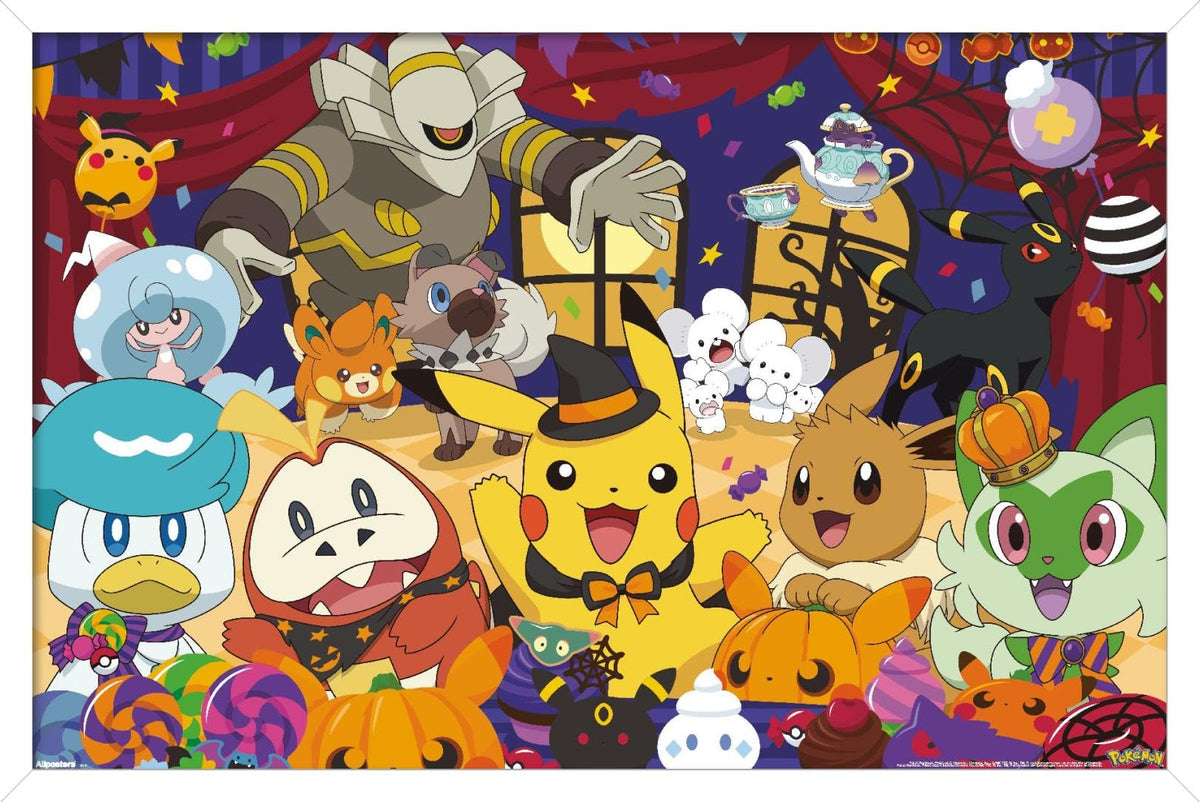 Pokémon: Halloween Party- Group Wall Poster, 34L" x 22.4W", White Framed Version