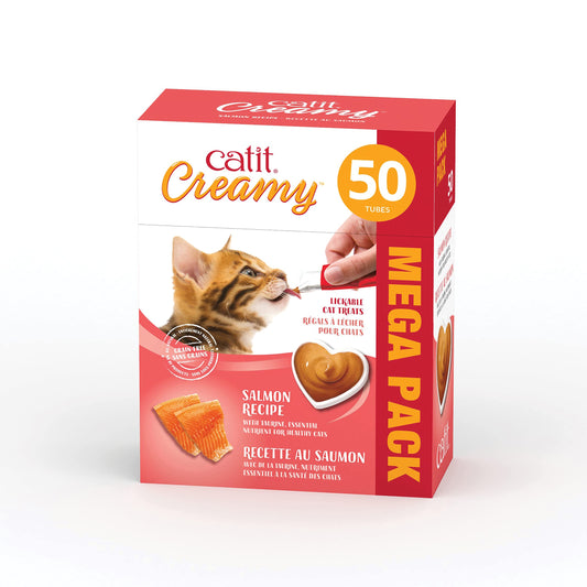 Catit Creamy Cat Treats Lickable, Salmon Flavor, 50 Tubes, Mega Pack, Hand-Fed Lickable Cat Treats, Healthy & Hydrating, Made with Fresh Ingredients, Gaterie Pour Chat - Available at All In One Marketplace Canada