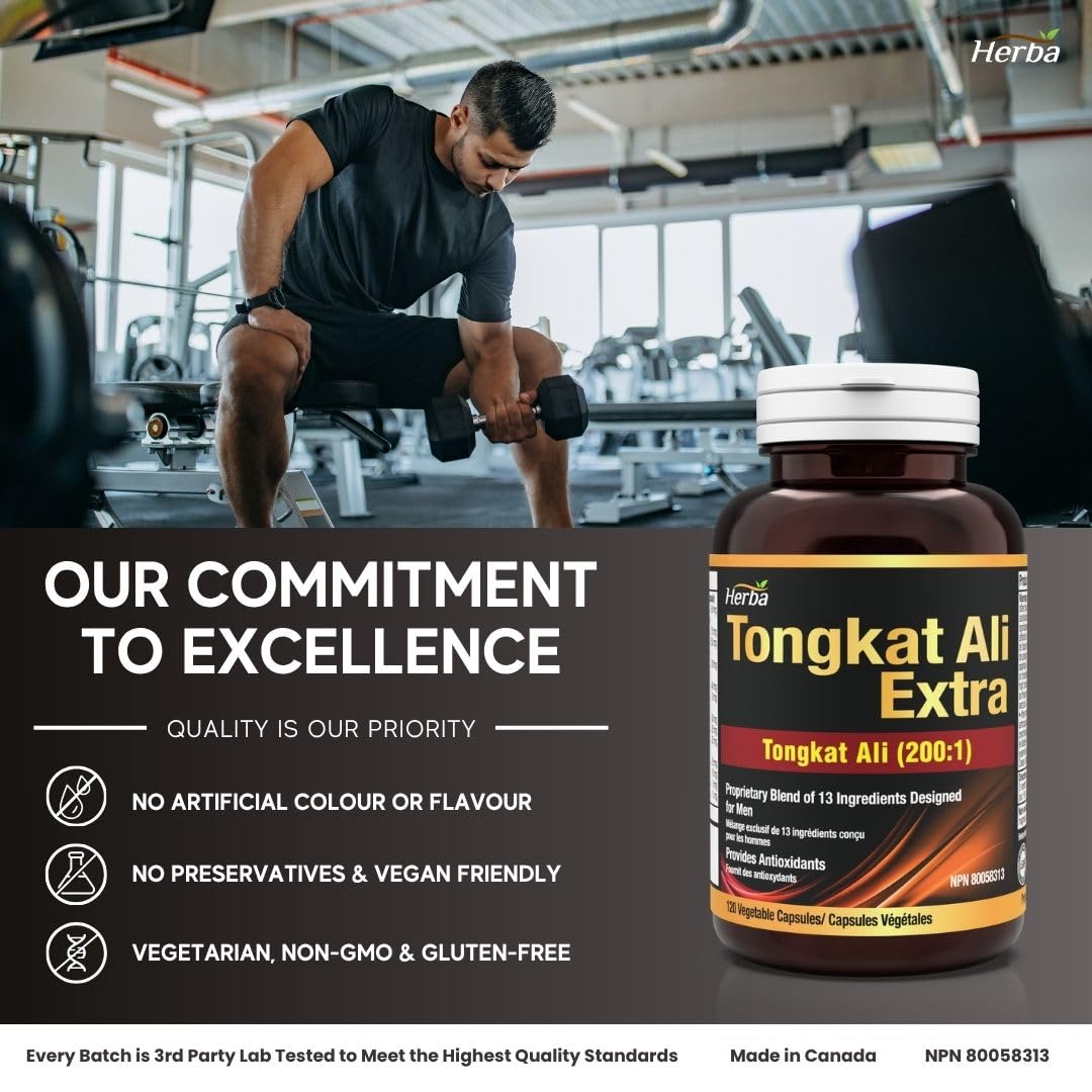 Herba Tongkat Ali Extract for Men - 200:1 Concentrate – 10,000mg Equivalent | 120 Vegetable Capsules | Enhanced Formula Made in Canada