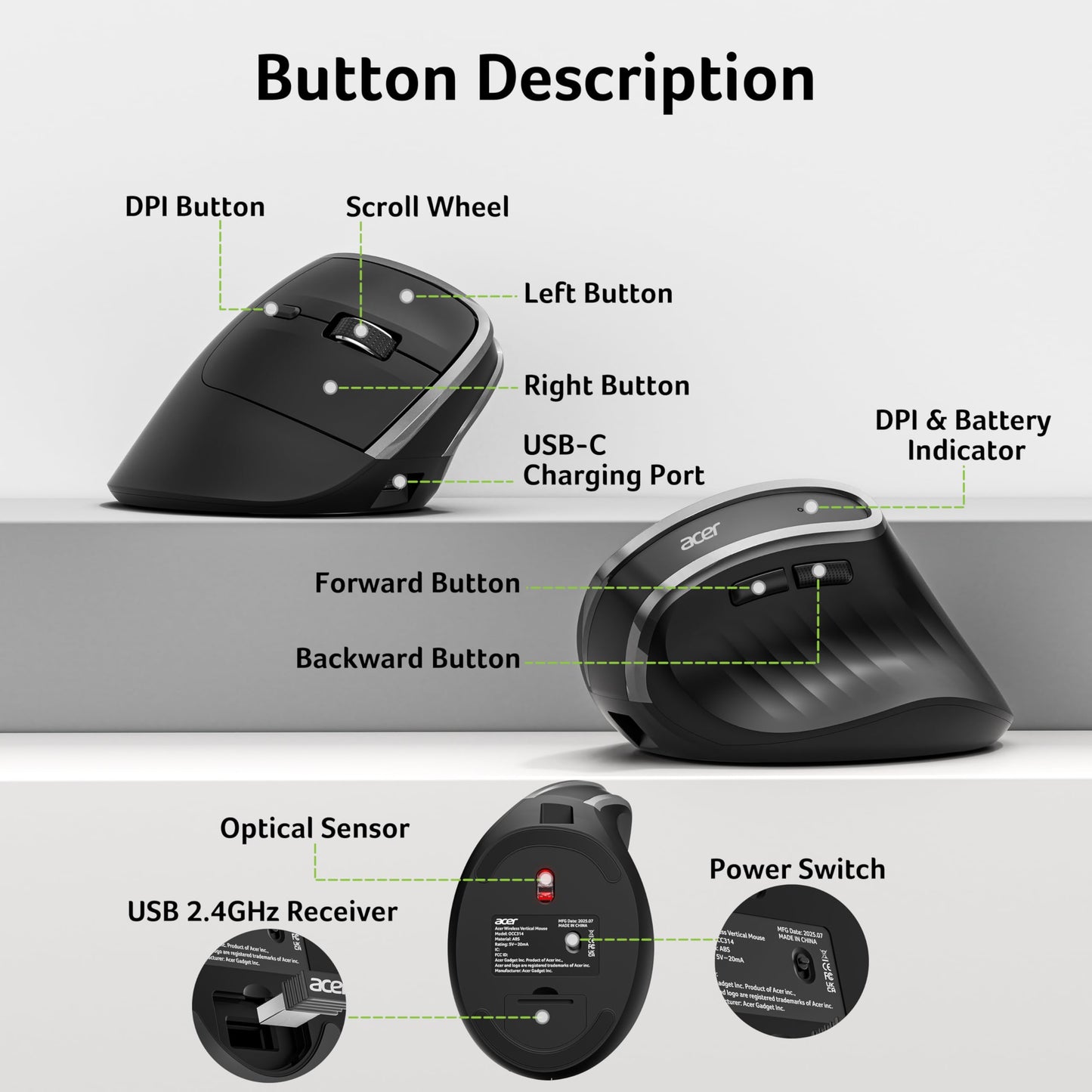 Acer Wireless Ergonomic Mouse, Rechargeable Vertical Mouse, 3 Adjustable DPI 1600/1200/1000, Ergo Mice, 2.4GHz Computer Mouse with 6 Buttons, 2.4GHz USB Receiver for Laptop, PC, Desktop