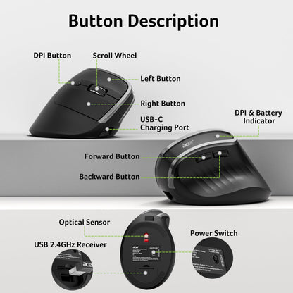 Acer Wireless Ergonomic Mouse, Rechargeable Vertical Mouse, 3 Adjustable DPI 1600/1200/1000, Ergo Mice, 2.4GHz Computer Mouse with 6 Buttons, 2.4GHz USB Receiver for Laptop, PC, Desktop
