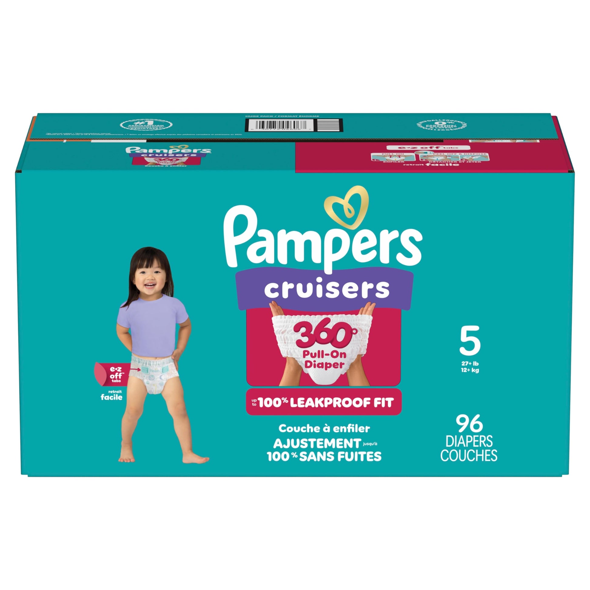 Pampers Diapers - Cruisers 360° - Size 5, up to 100% Leakproof Fit, Designed for Active Babies, Pull On Diaper, EZ Off Tabs Designed for Easy Changes, 1 Pack (Count of 96)
