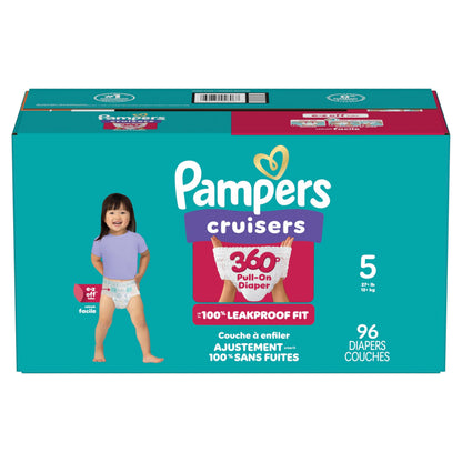 Pampers Diapers - Cruisers 360° - Size 5, up to 100% Leakproof Fit, Designed for Active Babies, Pull On Diaper, EZ Off Tabs Designed for Easy Changes, 1 Pack (Count of 96)
