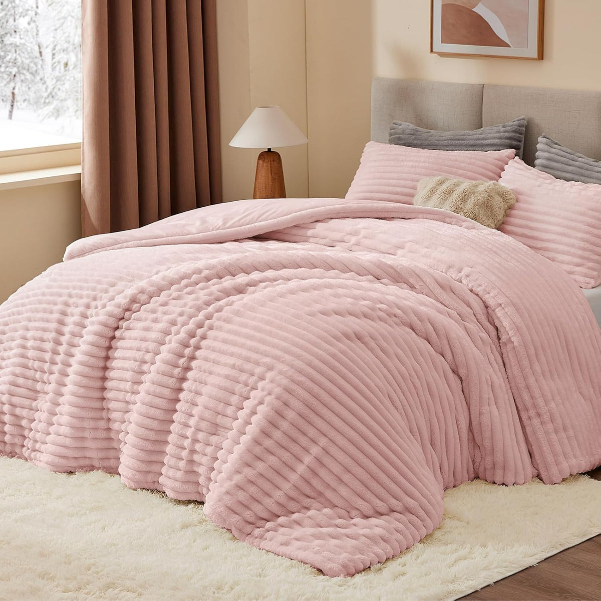 BEDELITE Fleece Queen Comforter Set, Soft Fluffy Bedding Set, Pink 🍁 All In One Marketplace Canada