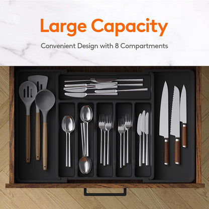 Lifewit Extra Large Cutlery Organizer, Expandable Silverware Drawer Organizer for Kitchen, Adjustable Cutlery Tray Drawer Organizer for Spoon Forks Knives, Cutlery Crocks, 13-22 x 15", Black