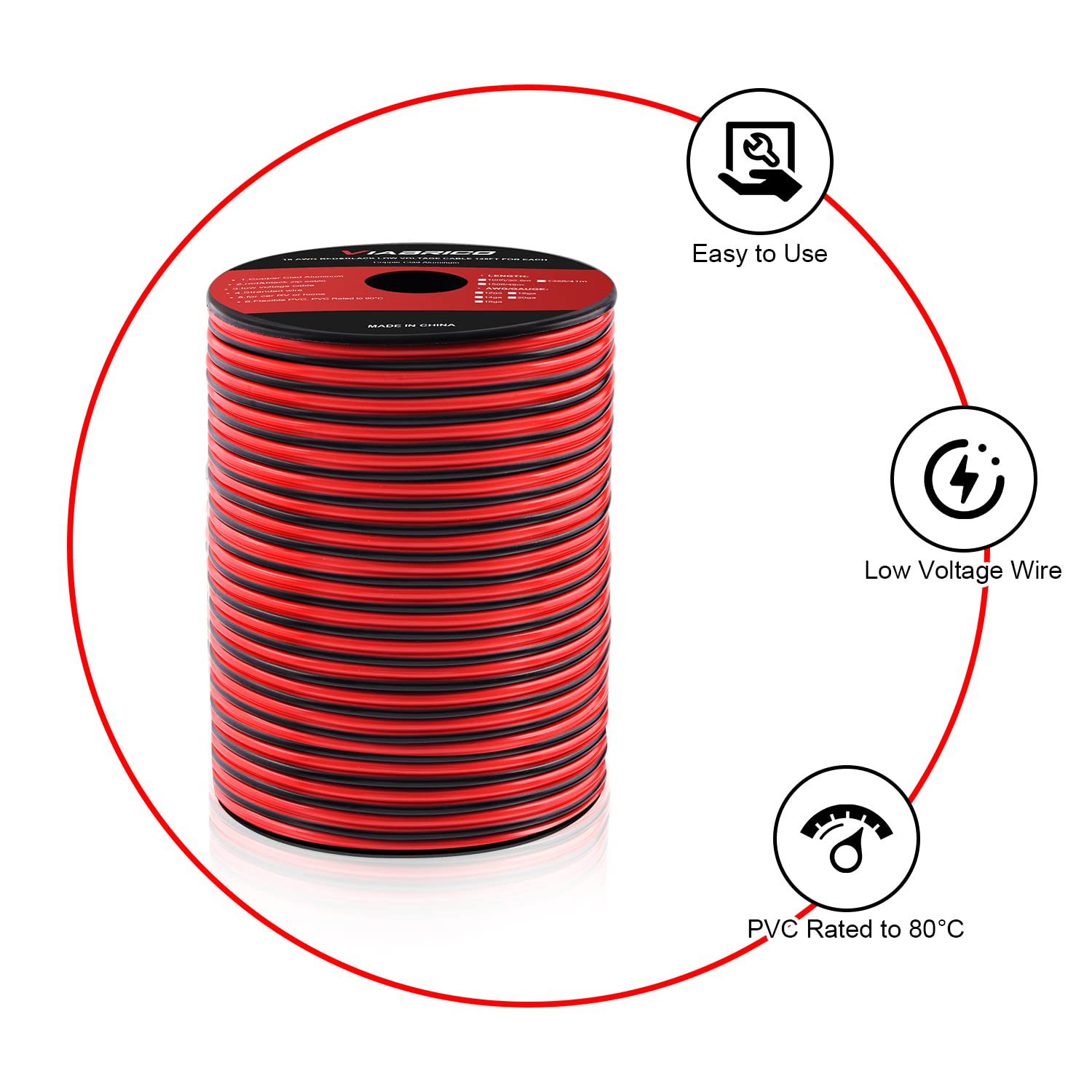 VIABRICO 14AWG 100FT Electrical Wire Cable 2 Conductors Red Black Cable Hookup LED Lighting Strips Flexible Wire Extension Cord 14 Gauge Copper Clad Aluminum Copper Wire 12V/24V DC Cable