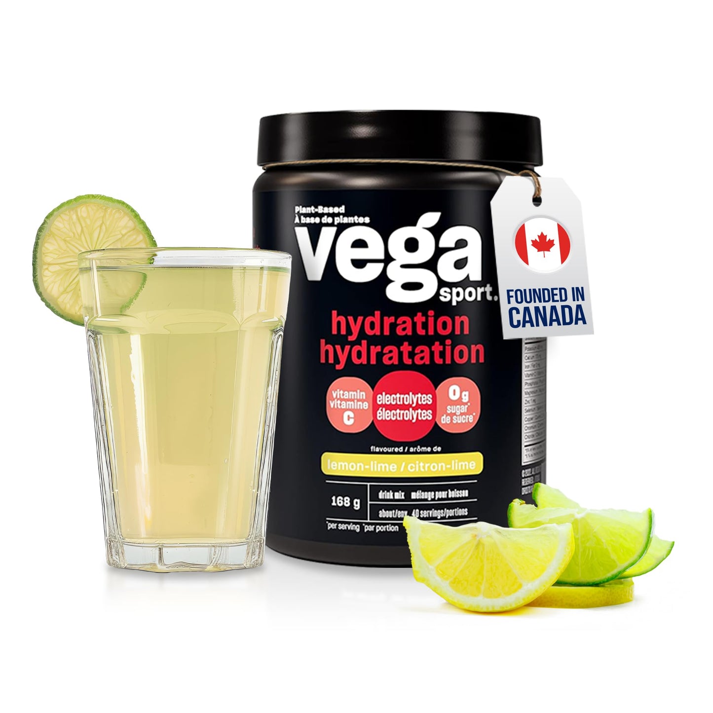 Vega Sport Hydration Electrolyte Powder, Plant Based for Fast Post Workout Hydration – Sugar-Free Lemon Lime, 40 Servings, 168 grams - Available at All In One Marketplace Canada