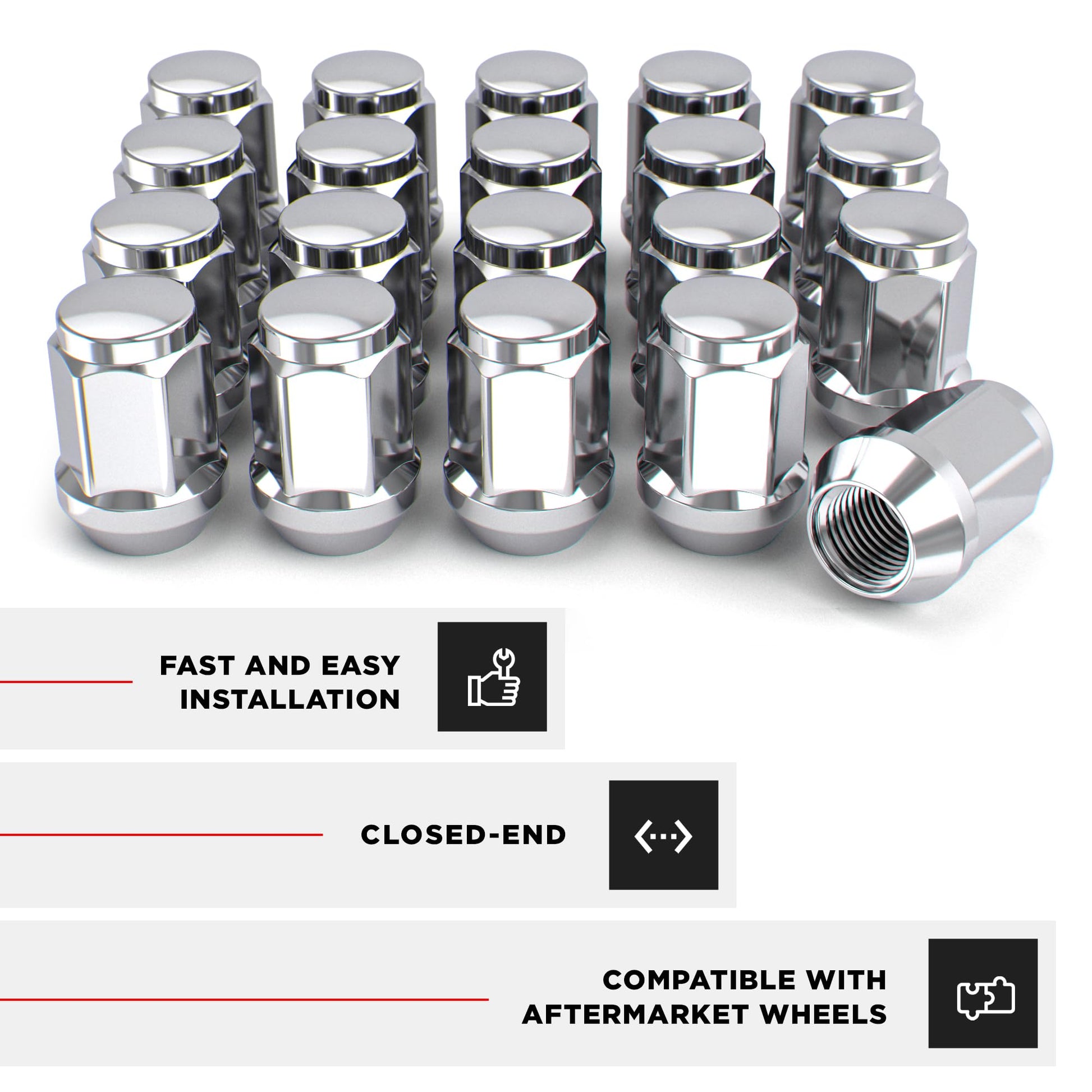 White Knight M12x1.50 Solid Piece Bulge Acorn Lug Nuts (NO Cap) for Select Aftermarket & Factory Wheels, EZ to Install, Durable Carbon Steel, Stylish Triple Layer Chrome Finish - 1907S-20AM (20 Pack) White Knight