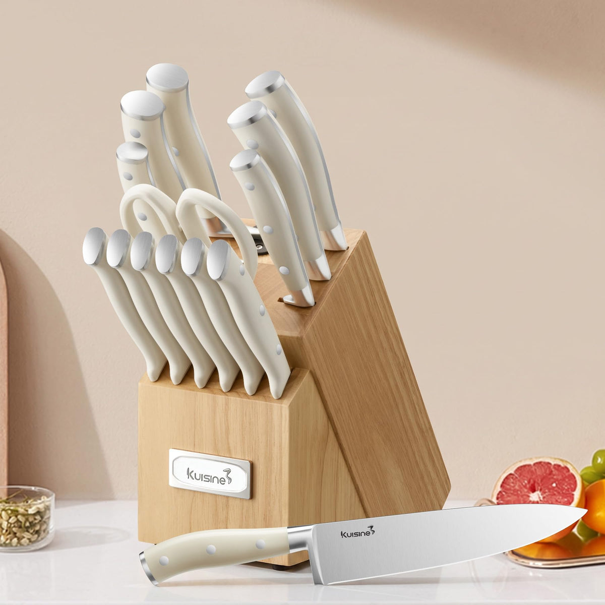 Kuisine 15-Piece Ivory Handle Chef Knife Set with Built-in Sharpener Block 🍁 All In One Marketplace Canada