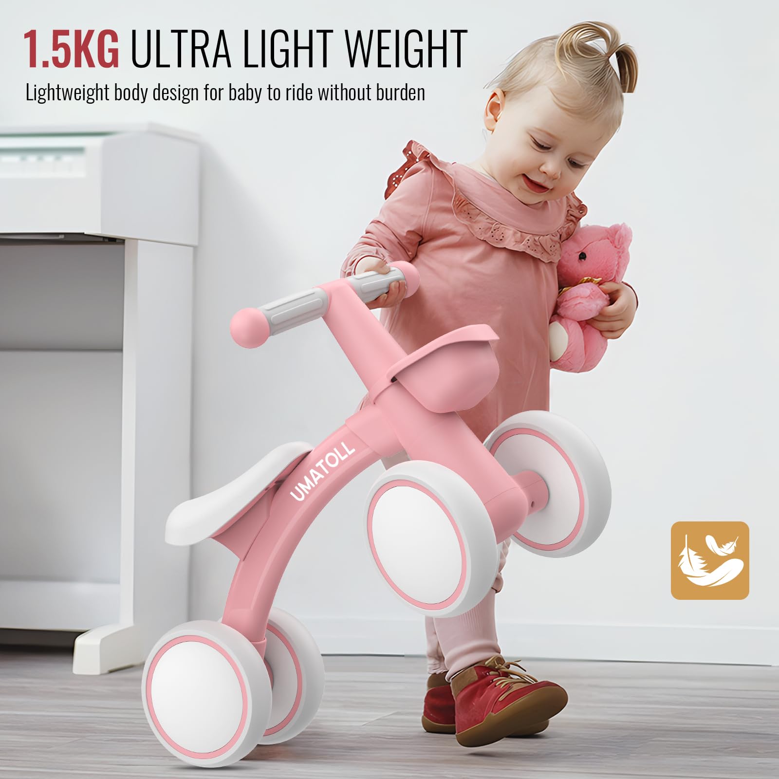 Umatoll Baby Balance Bike Toys for 1 Year Old Girls Gifts, Adjustable Seat Baby Walker, First Birthday Gifts, 12-24 Months Toddler Ride on Toys with Removable Basket, Pink