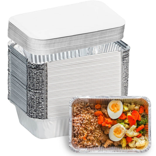 Aluminum Pans with Lids (50-Pack, 8.5"×6") 2.25 LB Capacity Foil Food Containers with Lids - 50 Pans and 50 Cardboard Covers - Disposable Tin Foil Pans - for Baking, Meal Prep and Freezer, Takeout - Available at All In One Marketplace Canada