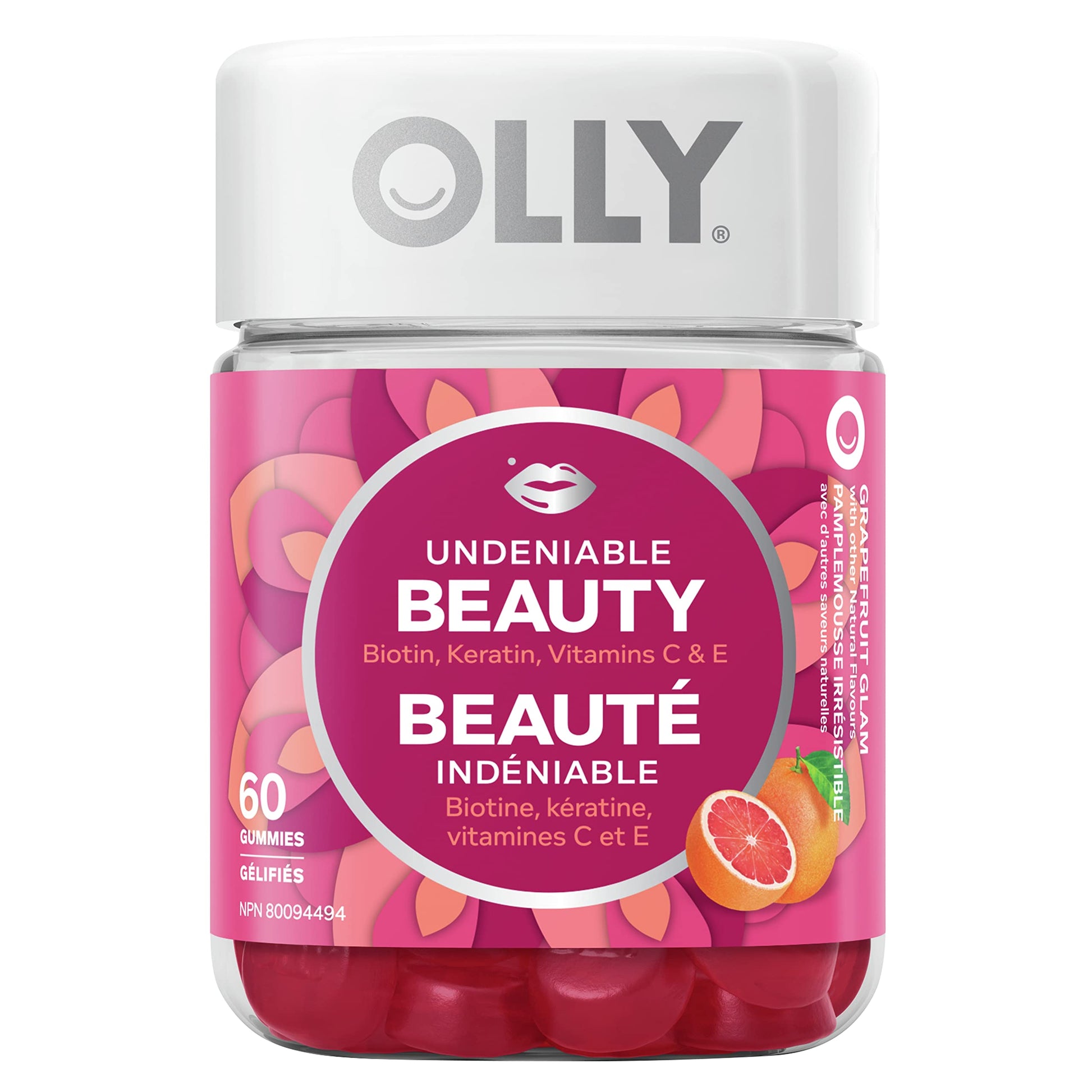 OLLY Undeniable Beauty Gummy Supplement for women Grapefruit Glam with biotin, keratin and vitamins C & E 30 day Supply, 60 gummies - Available at All In One Marketplace Canada
