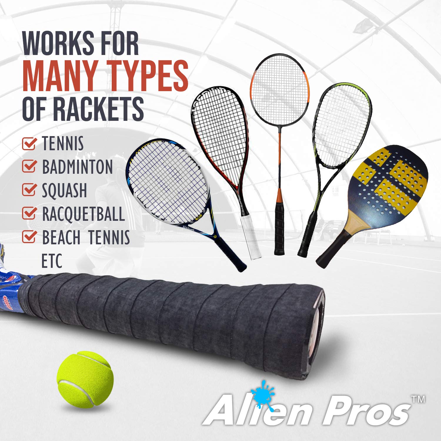 Alien Pros Tennis Racket Grip Tape (6 Grips) – Precut and Dry Feel Tennis Grip – Tennis Overgrip Grip Tape Tennis Racket – Wrap Your Racquet for High Performance (6 Grips, Black)