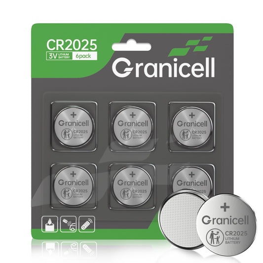 Granicell 2025 Battery Compatible with Medical and Fitness Devices CR2025 Lithium 3V Coin Battery for Child Safety, Suitable for Key Fobs,Car Remote, Watch, Candle and More (CR2025-6) - Available at All In One Marketplace Canada