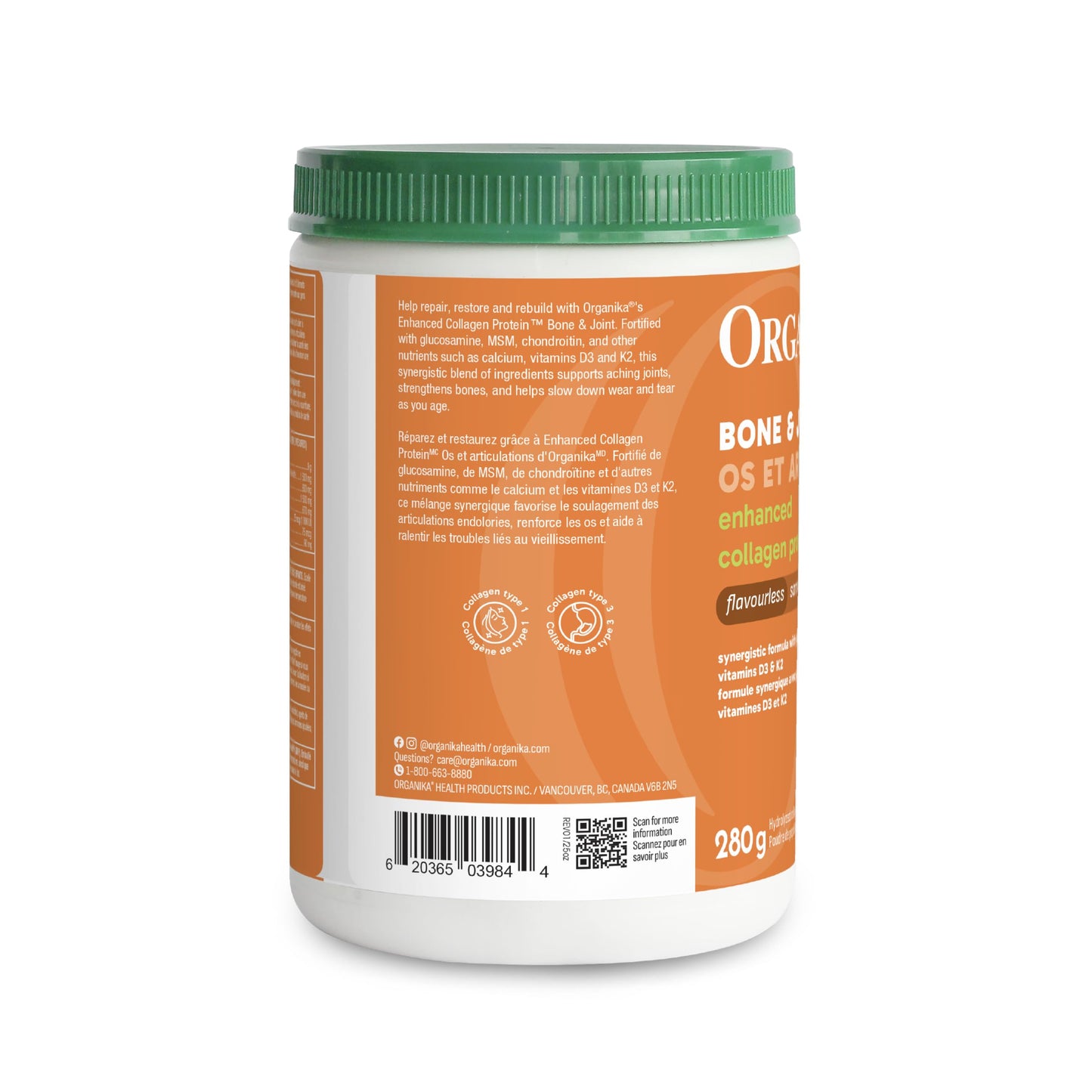 Organika Canadian-Made Enhanced Collagen Bone and Joint Powder - with Glucosamine, MSM, Chondroitin Sulfate, Vitamin D3 and K2 | Helps Restore Bone and Joint Health + Healthier Skin and Hair - 280g Organika