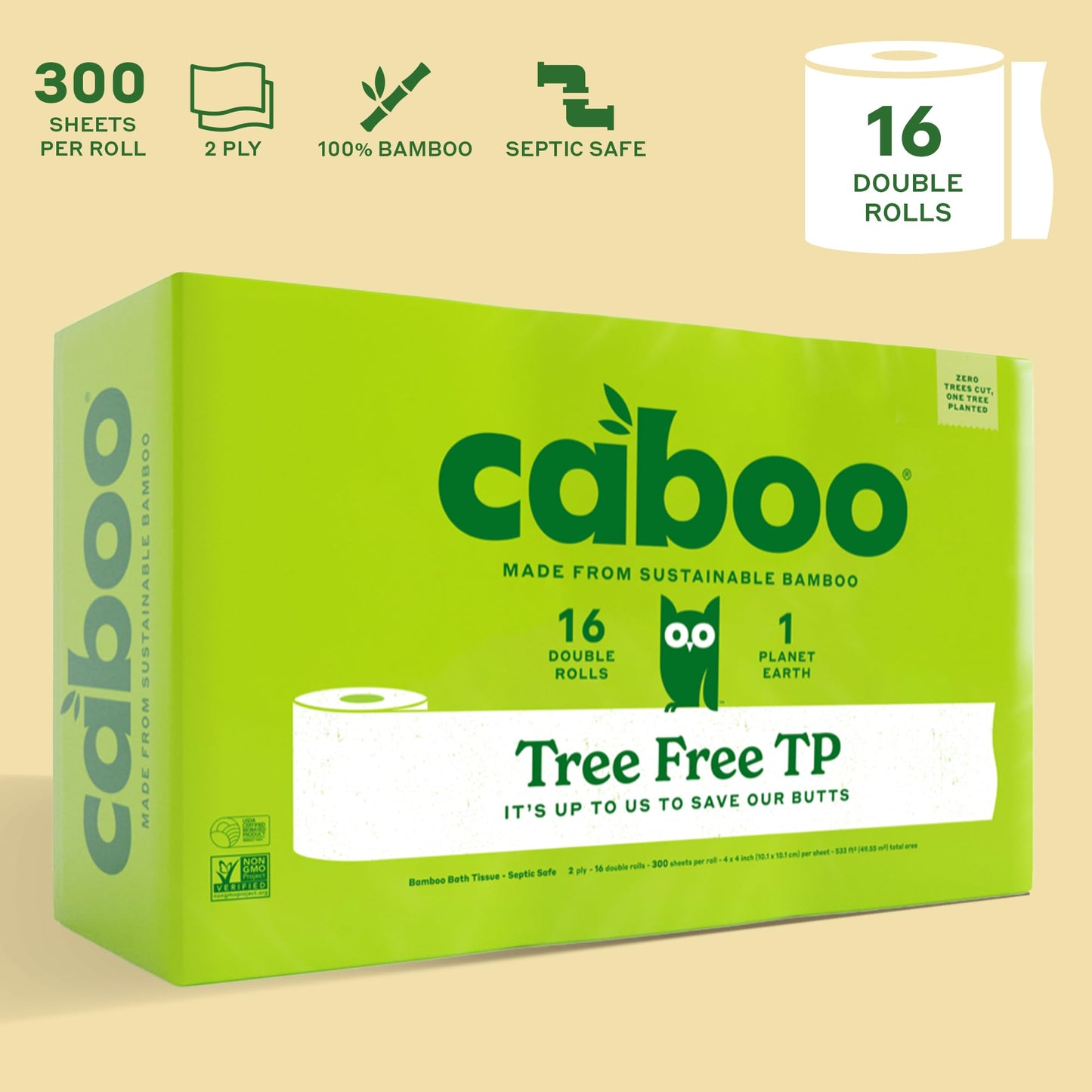 Caboo Tree-Free Toilet Paper, Septic Safe Bath Tissue, Eco Friendly Soft 2 Ply Sheets, 300 Sheets Per Roll, 16 Double Rolls - Available at All In One Marketplace Canada