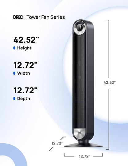 DREO Smart Tower Fan for Bedroom, Upgraded DC 9 Speeds 20dB Ultra-Quiet Floor Fan, 90° Oscillating Fans with 28ft/s Velocity, 12H Timer, Standing Fan, Bladeless Fan Powerful for Home Office Room - Available at All In One Marketplace Canada